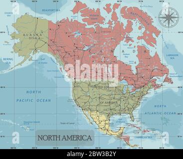 Mappa politica dettagliata del Nord America nella proiezione di Mercator. Etichettato chiaramente. Livelli separati. Illustrazione Vettoriale