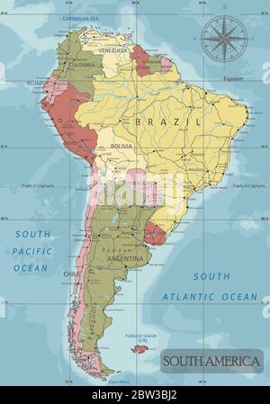 America del Sud - Mappa politica modificabile e molto dettagliata con livelli separati. Illustrazione Vettoriale