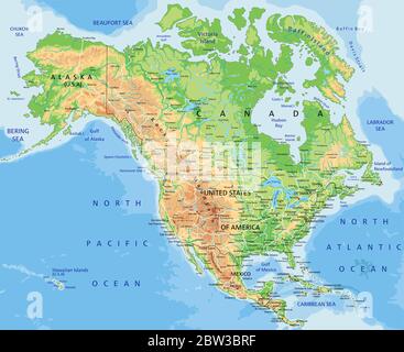 Mappa fisica del Nord America con dettagli elevati con etichettatura. Illustrazione Vettoriale