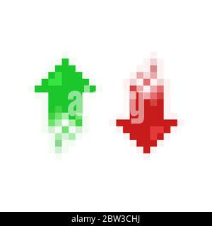 Pixel art 8-bit frecce di aumento e diminuzione impostare rosso e verde - illustrazione vettoriale isolata Illustrazione Vettoriale