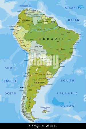 Mappa politica modificabile con livelli separati e molto dettagliata. America del Sud. Illustrazione Vettoriale