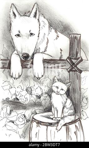 Un cane e un gatto vicino alla recinzione, schizzo grafico Foto Stock