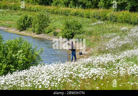 Eastbourne UK 29 maggio 2020 - UN pescatore di mosca getta fuori la sua linea al serbatoio di Arlington vicino Eastbourne in Sussex in una giornata calda di sole durante la crisi pandemica di Coronavirus COVID-19 . Credit: Simon Dack / Alamy Live News Foto Stock