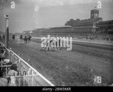 Il Quashed vince la Gold Cup , Omaha Second . La schiantata di Lord Stanley ha vinto la Cold Cup ad Ascot . Il cavallo americano Omaha del William Woodward era il secondo e il terzo era il Bokbul , un cavallo francese di proprietà del barone e de Rothschild. Foto spettacoli , il finale della gara . Omaha è più lontano da cmera . 20 giugno 1936 Foto Stock