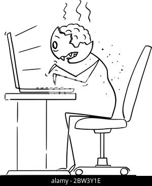 Grafico vettoriale del cartoon disegno illustrazione concettuale di un uomo d'affari zombie non morto che lavora o che scrive in ufficio sul computer. Il lavoro noioso uccide la creatività. Illustrazione Vettoriale