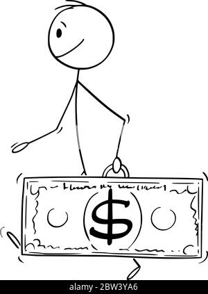 Figura del cartoon vettoriale disegno illustrazione concettuale di uomo che cammina o uomo d'affari che trasporta la fattura o la cassa della valuta del dollaro. Illustrazione Vettoriale
