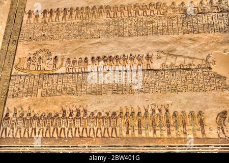 Rilievi, Tomba di Ramses V e VI, KV9, Valle dei Re, Sito Patrimonio dell'Umanità dell'UNESCO, Luxor, Egitto Foto Stock