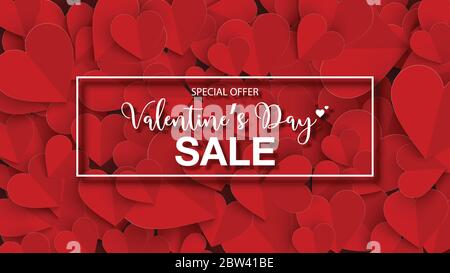 Offerte speciali per la vendita di banner per il giorno di San Valentino con carta tagliata cuore rosso, sfondo per carta da parati, invito, poster, banner, intestazioni, sito web, gr Illustrazione Vettoriale