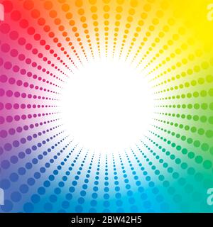 Sfondo con motivo a punti di colore arcobaleno con centro bianco. Raggi colorati spettrali di gradiente con centro luminoso. Foto Stock