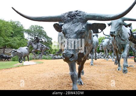 DALLAS, TEXAS - 13 MAGGIO 2014: La più grande disposizione di statue di bronzo in Nord America. Il gruppo contiene tre cowboy a cavallo e oltre 40 Longh Foto Stock