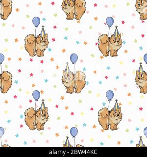 Cucciolo pomeraniano carino disegnato a mano con cappello da festa modello vettoriale senza giunture. Purebred pedigree domestico cane celebrazione sfondo. Cane amante spitz animale domestico Illustrazione Vettoriale