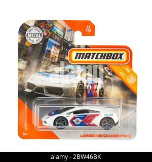 Ucraina, Kiev - aprile 14. 2020:Toy modello di auto Lamborghini Gallardo polizia. Matchbox è un popolare marchio di giocattoli britannico che è stato introdotto da Lesney Foto Stock