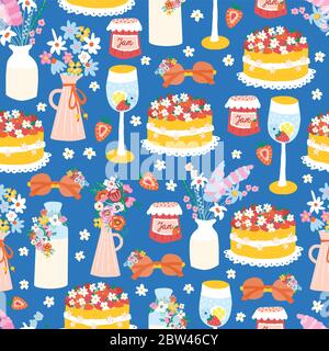 Estate giardino partito senza cuciture vettore modello blu. Torta di fragole, cocktail di vino, vaso con fiori e occhiali da sole che ripetono lo sfondo. Fiori selvatici Illustrazione Vettoriale