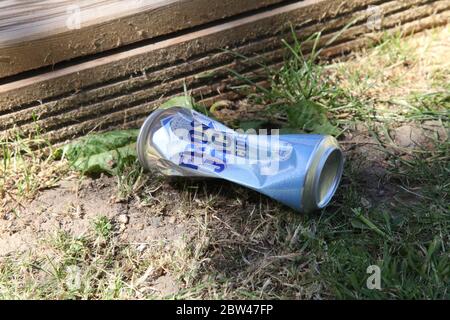 Gettato Frosty Jacks Cider in una lattina su pavimento, lettering, spazzatura Foto Stock