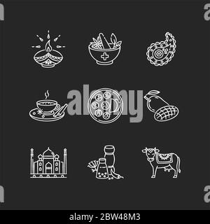 Tradizioni indiane gesso bianco icone set su sfondo nero Illustrazione Vettoriale