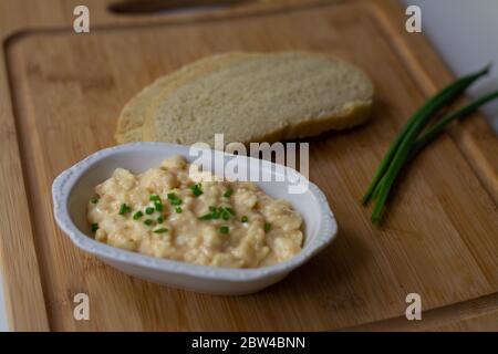 Formaggio tedesco bavarese da giardino con birra a base di camembert, burro, birra, paprika e scalioni su sfondo di legno con pane di pasta frolla fatto in casa Foto Stock