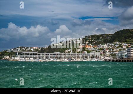 Terminal passeggeri all'estero, barche a vela presso Chaffers Marina, Wellington Harbour, Mount Victoria in lontananza, a Wellington, Isola del Nord, Nuova Zelanda Foto Stock