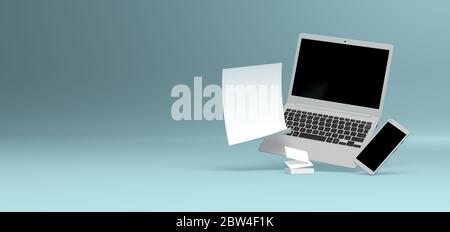 Set creativo vuoto con laptop e smartphone 3D rendering sfondo giallo Foto Stock