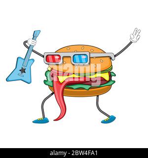 hamburger personaggio con una chitarra su uno sfondo bianco isolato. Immagine vettoriale Illustrazione Vettoriale