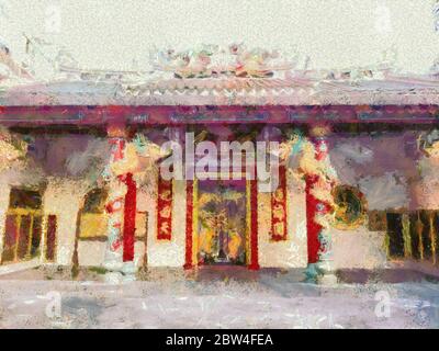 Colorati antichi santuari cinesi nelle illustrazioni della città crea uno stile impressionista di pittura. Foto Stock