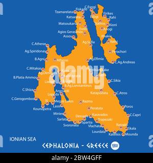 Isola di cefalonia in Grecia mappa arancione e sfondo blu Illustrazione Vettoriale
