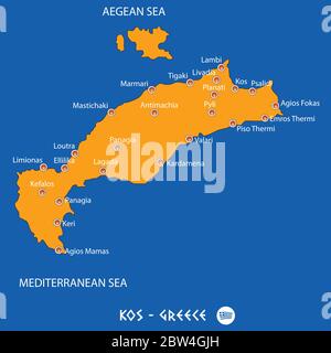 Isola di kos in Grecia mappa arancione arte e sfondo blu Illustrazione Vettoriale