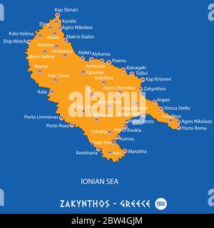 Isola di zante in Grecia mappa arancione arte e sfondo blu Illustrazione Vettoriale