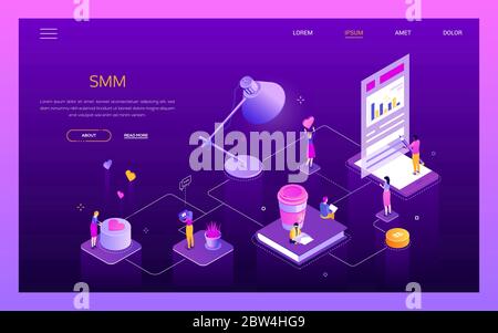 Social media marketing - moderno banner vettoriale isometrico Illustrazione Vettoriale
