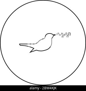 Nightingale canto canzone Bird note musicali icona concetto musicale in cerchio tondo contorno nero colore vettore illustrazione piatta stile semplice immagine Illustrazione Vettoriale