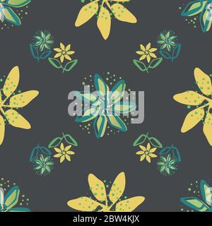 Retrò fiori e foglie senza cuciture motivo vettoriale sfondo. Gruppi di foglie floreali giallo e verde pittorico con sfondo scuro di colore offset Illustrazione Vettoriale