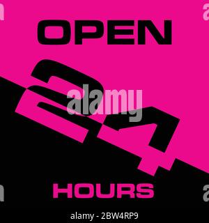icona aperta 24 ore su 24 in un'illustrazione grafica a colori rosa e nero Illustrazione Vettoriale