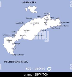 isola di kos in grecia mappa bianca e sfondo blu illustrazione in colorato Illustrazione Vettoriale