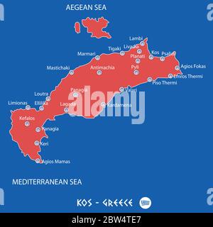 isola di kos in grecia mappa rossa illustrazione in colorato Illustrazione Vettoriale