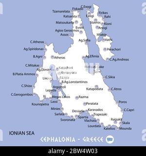 isola di cefalonia in grecia mappa bianca e sfondo blu illustrazione in colorato Illustrazione Vettoriale