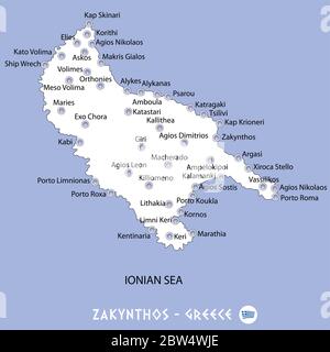 isola di zante in grecia mappa bianca e sfondo blu illustrazione in colorato Illustrazione Vettoriale