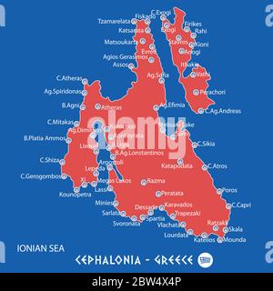 isola di cefalonia in grecia mappa rossa illustrazione in colorato Illustrazione Vettoriale