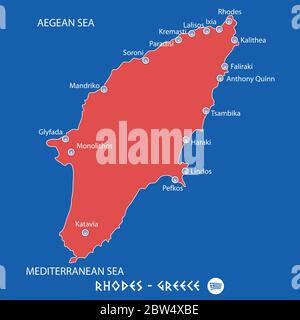 isola di rodi in grecia mappa rossa illustrazione in colorato Illustrazione Vettoriale