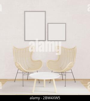 Poster interno mock up con due sedie, pavimento in legno, moquette in soggiorno con parete in cemento grezzo loft stile rendering 3D. Foto Stock