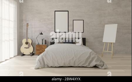 3D rendering Camera da letto stile loft con cemento grezzo, pavimento in legno, grande finestra, chitarra, telaio per mock up Foto Stock