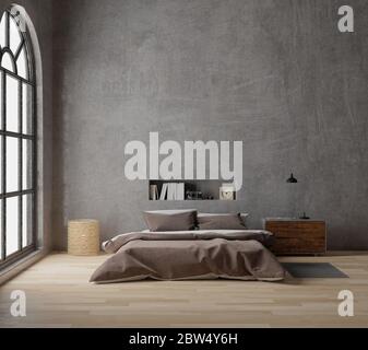 Camera da letto in stile loft con rendering 3D in cemento grezzo, pavimento in legno, grande finestra Foto Stock
