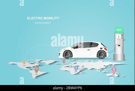 banner con stazione di ricarica per auto elettriche. Ambiente di mobilità elettronica per la mappa di localizzazione rete Concept.Green trasporto di energia pulita.Cre Illustrazione Vettoriale