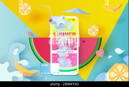 Smartphone Estate Vendita promo web banner.Mobile Vista dall'alto su frutta, pezzi di anguria, cocktail, Orange.Holiday weekend di acqua Splash su pastello.Vector Illustrazione Vettoriale