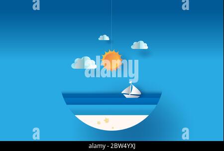 Circle Paper arte e artigianato di illustrazione vista mare estate con tramonto, estate stagione concetto, barca galleggianti in mare su blu cielo.Graphic design Illustrazione Vettoriale
