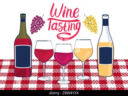 Iscrizione degustazione vino. Bottiglie e verricello con vino bianco e rosso. In piedi sul tavolo con una tovaglia. Illustrazione vettoriale. Mazzi di Illustrazione Vettoriale