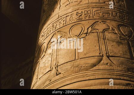 Colonna coperta da geroglifici scolpiti in bassorilievo dagli antichi Egiziani su un tempio vicino Assuan in Egitto. Foto Stock