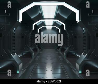 Elementi di rendering 3D di questa immagine forniti, Spaceship interno nero con vista, tunnel, corridoio Foto Stock