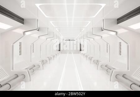 Elementi di rendering 3D di questa immagine forniti, Spaceship bianco interno, tunnel, corridoio, corridoio Foto Stock