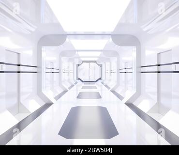 Rendering 3D interno bianco e luminoso con vista, tunnel, corridoio Foto Stock