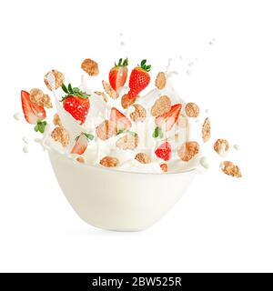 Concetto di colazione salutare. Fragole con fiocchi di cereali che volano dal latte spruzzato. Foto Stock