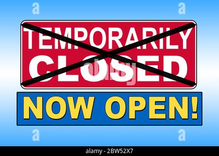 Ora Apri con le parole di temporaneamente chiuso barrato - Illustrazione Foto Stock